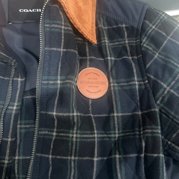 COACH Men's Navy and Green Quilted Plaid Jacket with Corduroy Collar