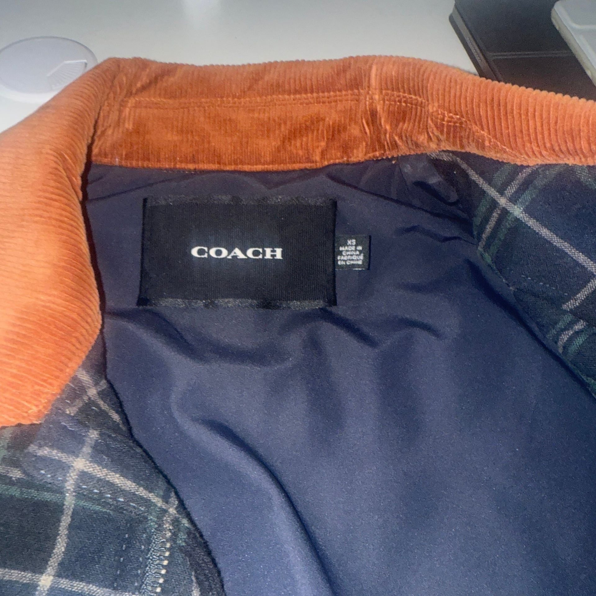 COACH Men's Navy and Green Quilted Plaid Jacket with Corduroy Collar 2