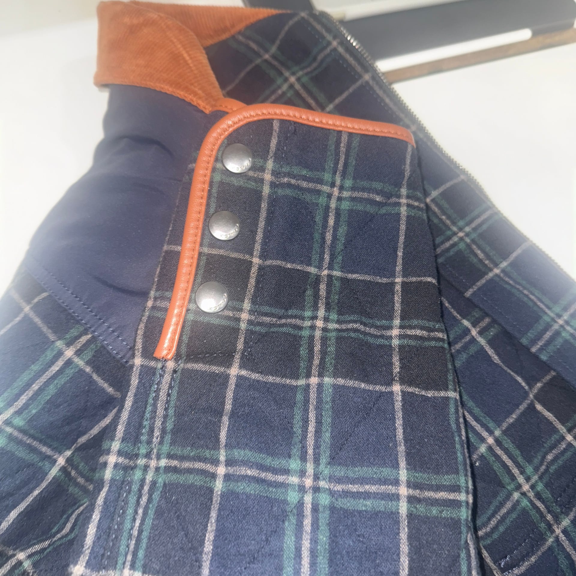 COACH Men's Navy and Green Quilted Plaid Jacket with Corduroy Collar 4