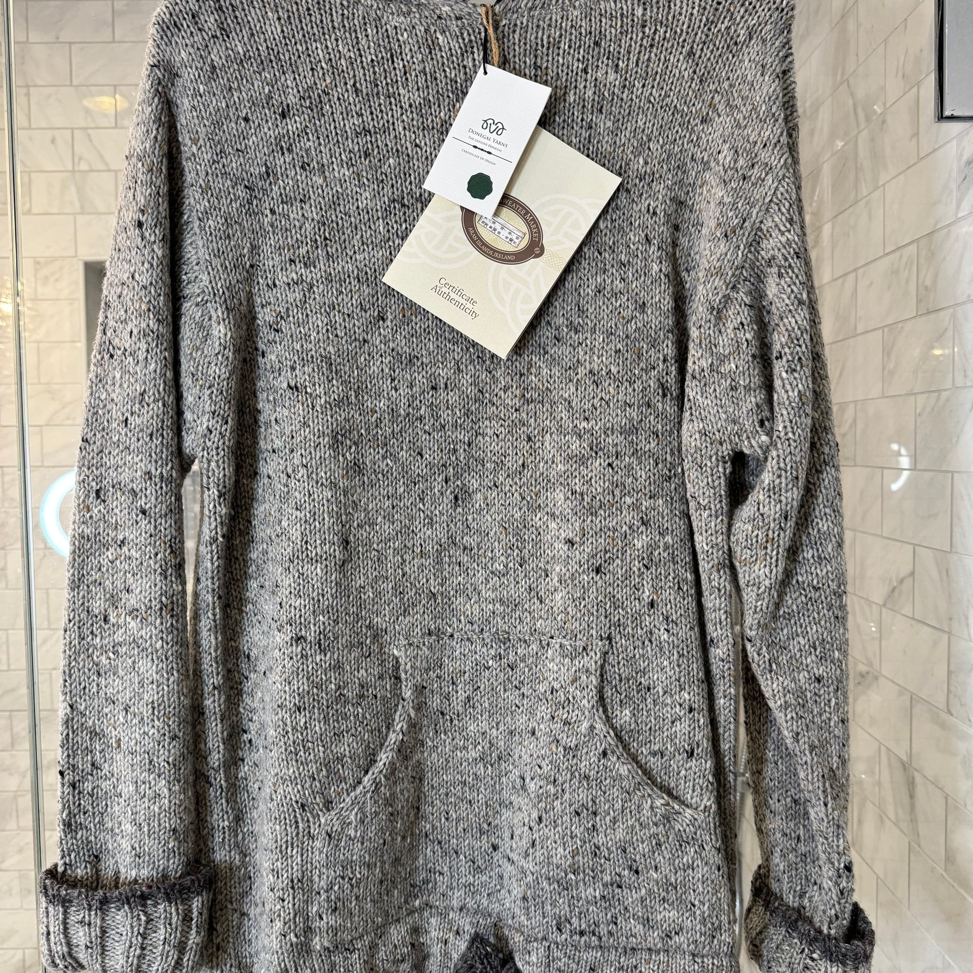 Aran Sweater Market 100% Wool Hoodie with Pouch Pocket Donegal Yarn Grey 1