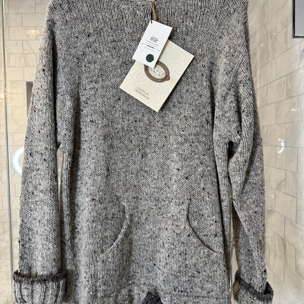 Aran Sweater Market 100% Wool Hoodie with Pouch Pocket Donegal Yarn Grey