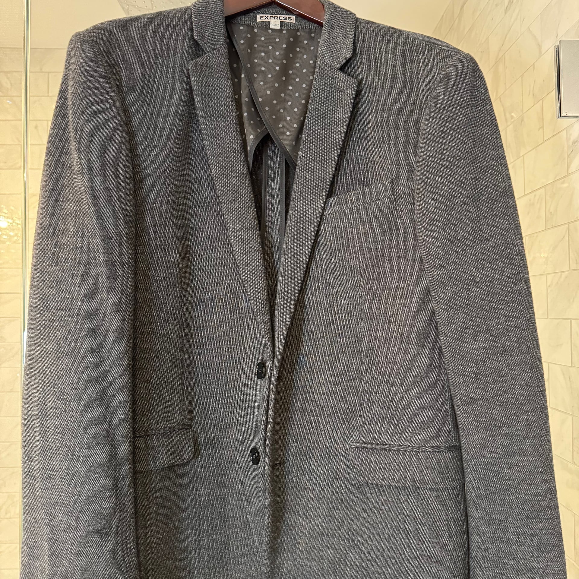 Express Photographer Fitted Grey Knit Two-Button Blazer 1