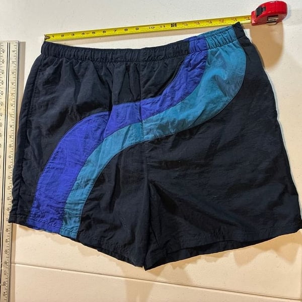 Vintage 90s Pro Spirit Color Block Mesh Lined Swim Trunks Black Blue Teal Men's Large