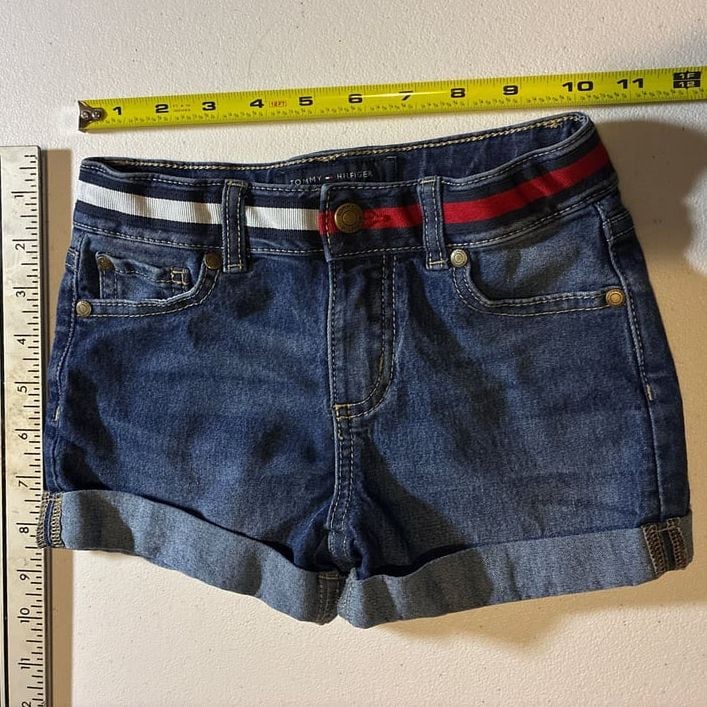 Vintage Tommy Hilfiger Girls Junior Size 5 Dark Wash Ribbon Waist Cuffed Denim Shorts 2