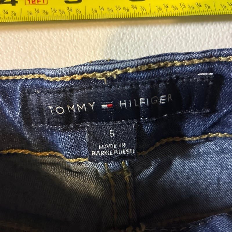 Vintage Tommy Hilfiger Girls Junior Size 5 Dark Wash Ribbon Waist Cuffed Denim Shorts 3