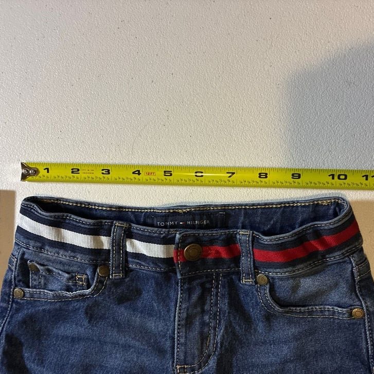 Vintage Tommy Hilfiger Girls Junior Size 5 Dark Wash Ribbon Waist Cuffed Denim Shorts 4
