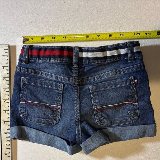 Vintage Tommy Hilfiger Girls Junior Size 5 Dark Wash Ribbon Waist Cuffed Denim Shorts 6