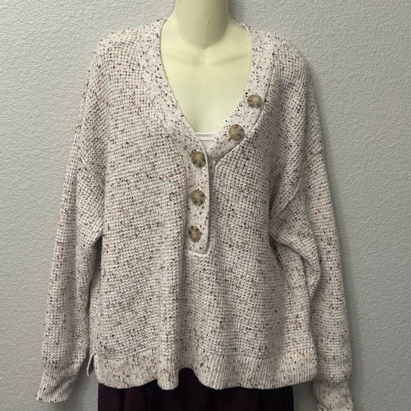 a.n.a Womens Oatmeal Marled Long Sleeve Y-Neck Pullover Henley Sweater 2