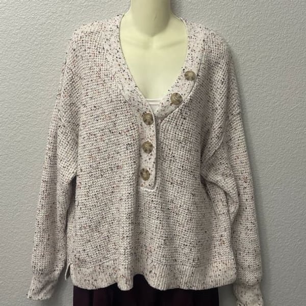 a.n.a Womens Oatmeal Marled Long Sleeve Y-Neck Pullover Henley Sweater