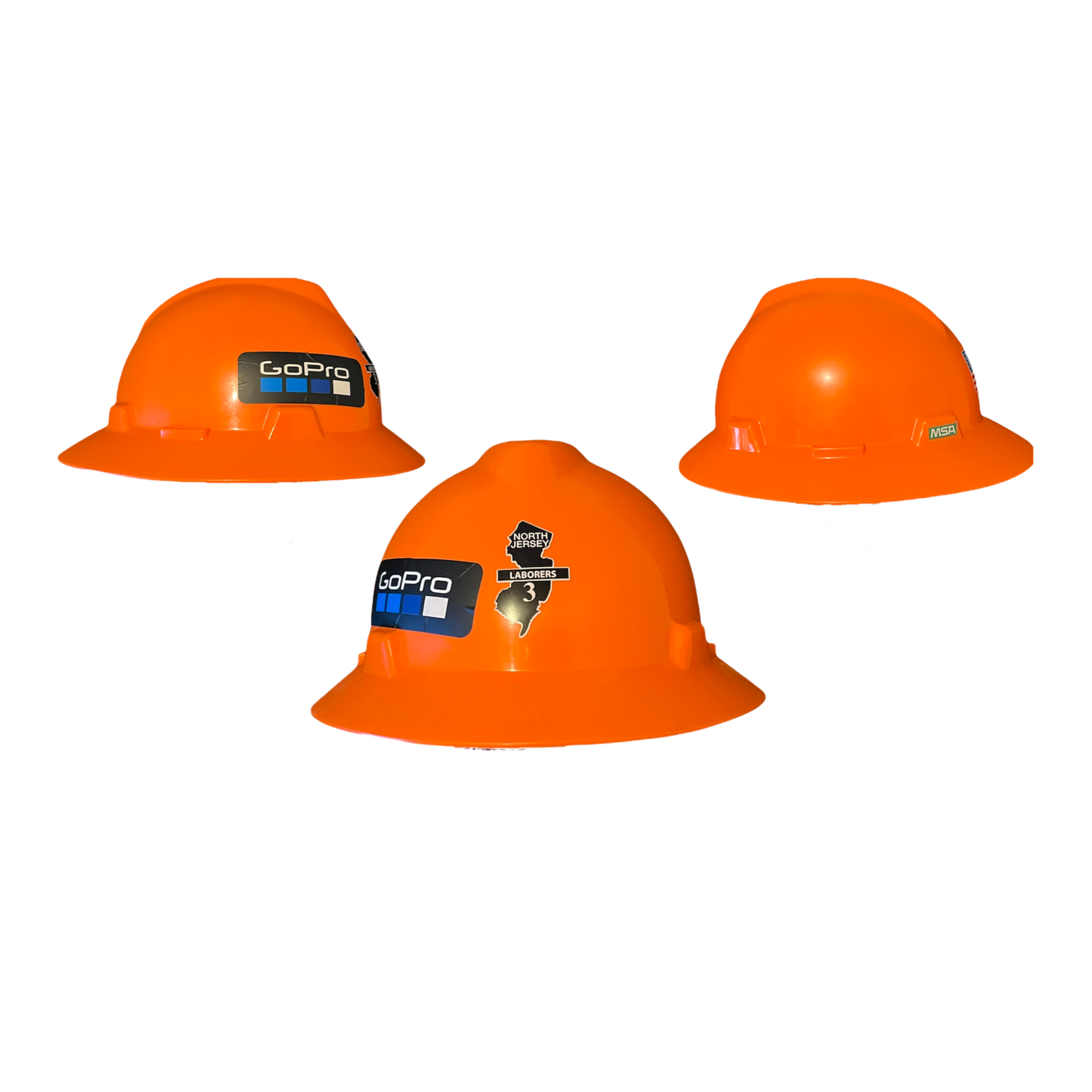MSA V-Gard Orange Full Brim Hard Hat with North Jersey Laborers 3 and GoPro Decals 1