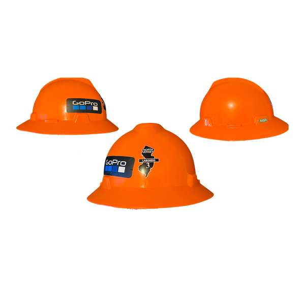 MSA V-Gard Orange Full Brim Hard Hat with North Jersey Laborers 3 and GoPro Decals