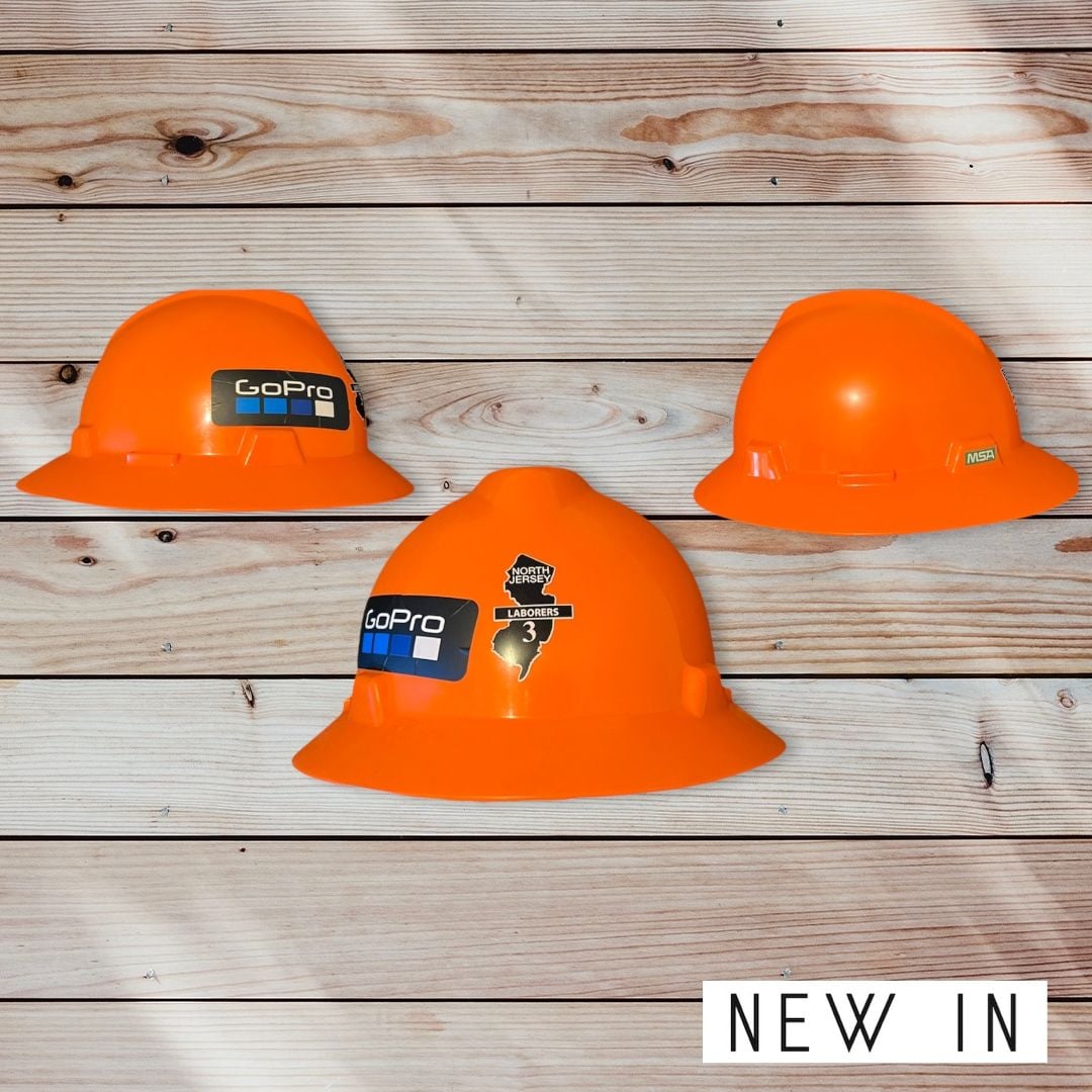 MSA V-Gard Orange Full Brim Hard Hat with North Jersey Laborers 3 and GoPro Decals 2