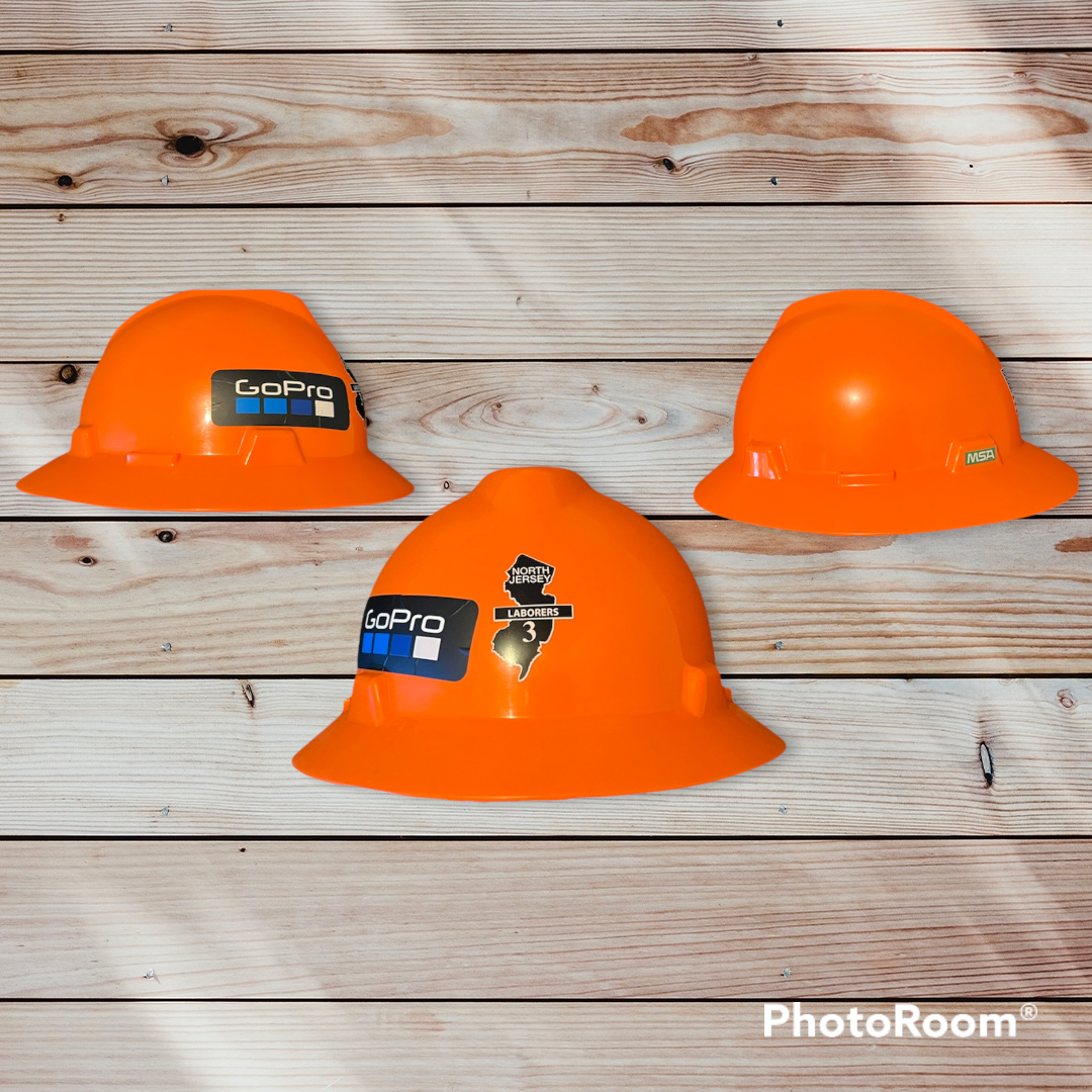 MSA V-Gard Orange Full Brim Hard Hat with North Jersey Laborers 3 and GoPro Decals 3