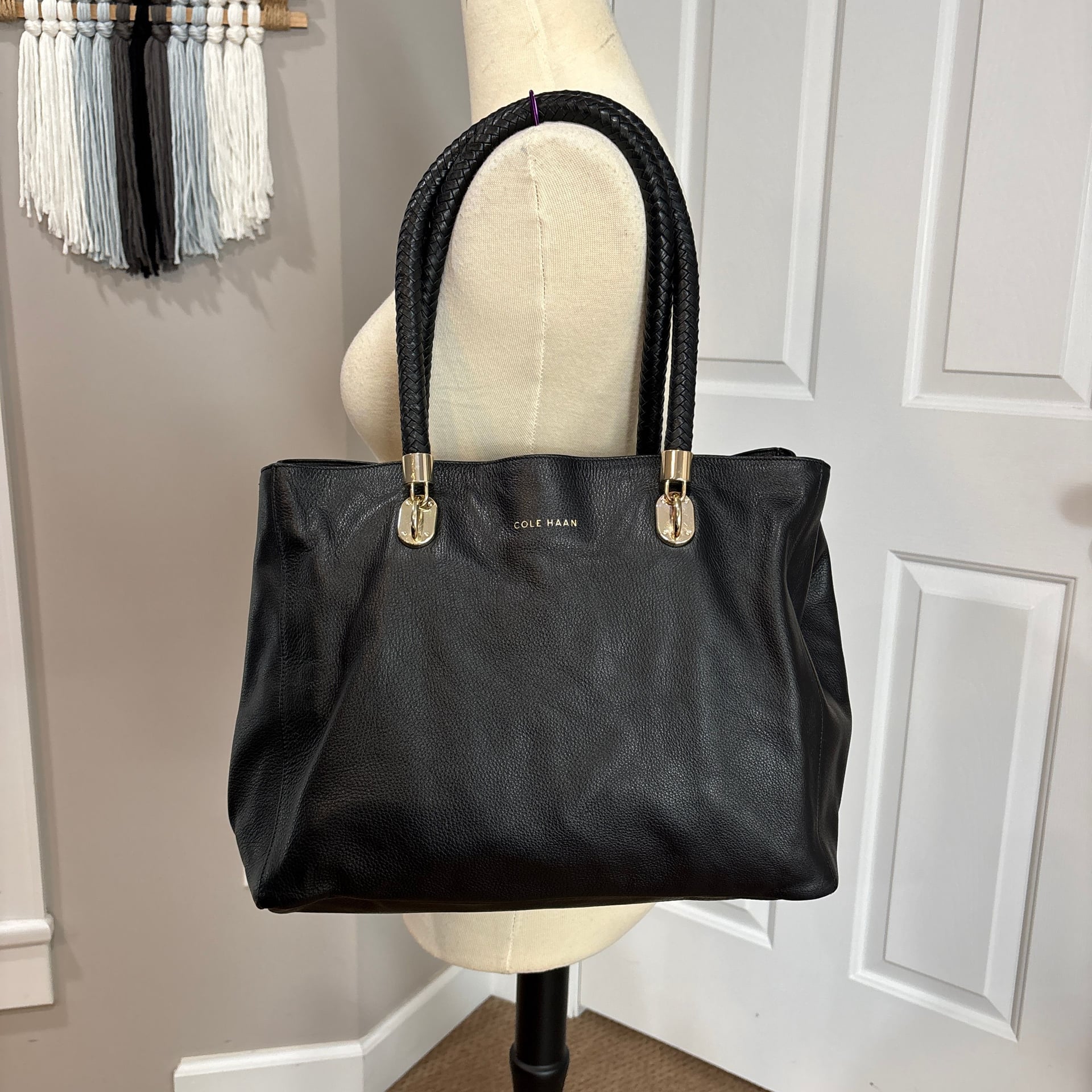 Cole Haan Benson Dark Navy Pebbled Leather Large Tote with Braided Handles 2