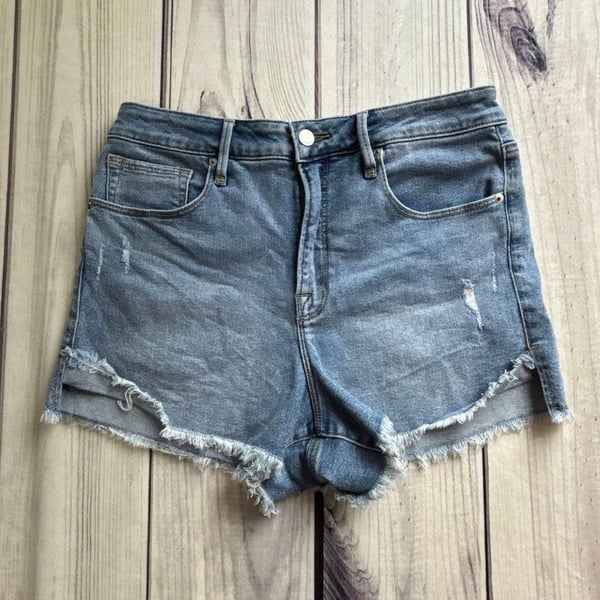 Good American Size 12/31 Good Curve High Rise Distressed Raw Hem Denim Shorts