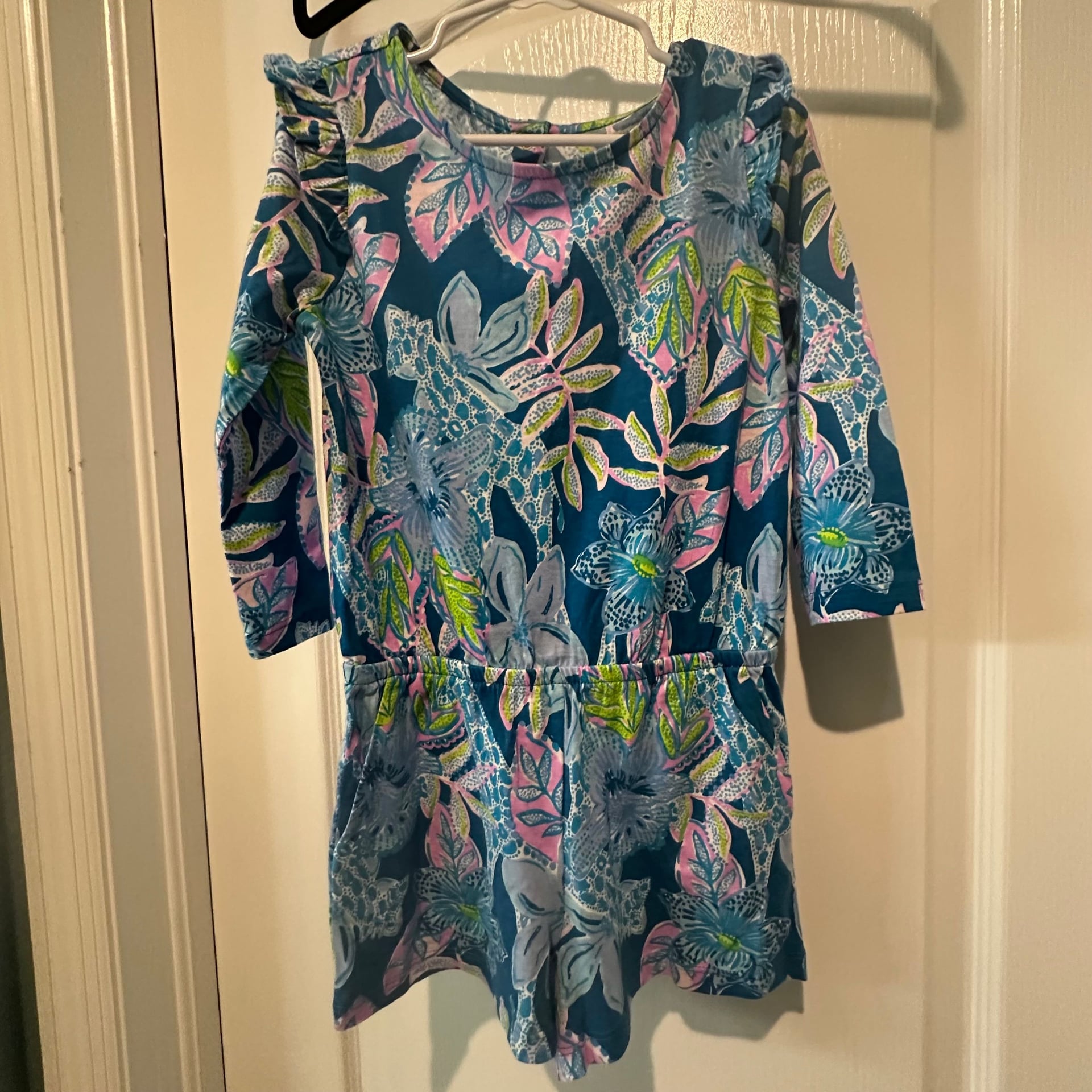 Lilly Pulitzer Girls Sasha Romper - Macaw Blue Tall Me About It 2