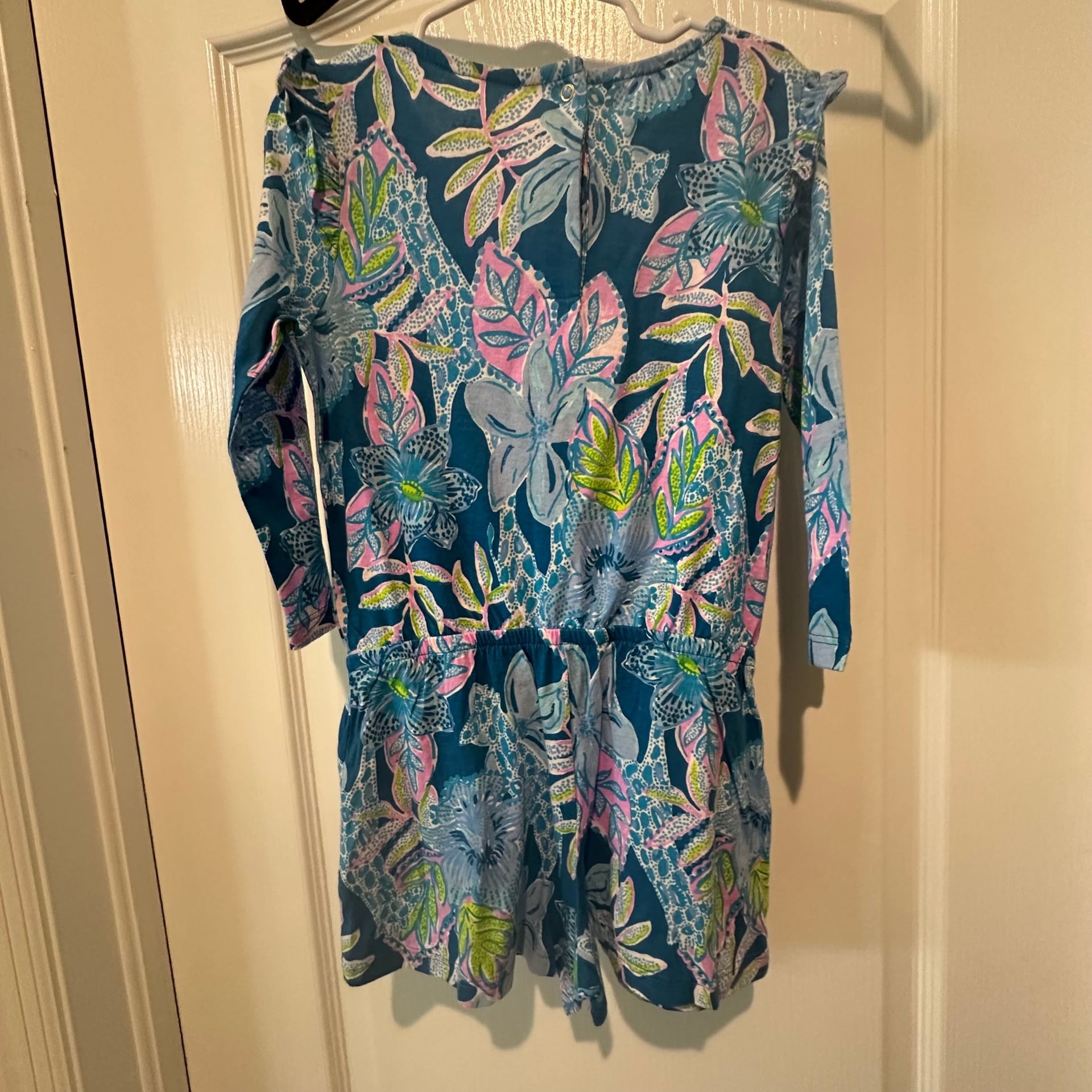 Lilly Pulitzer Girls Sasha Romper - Macaw Blue Tall Me About It 4