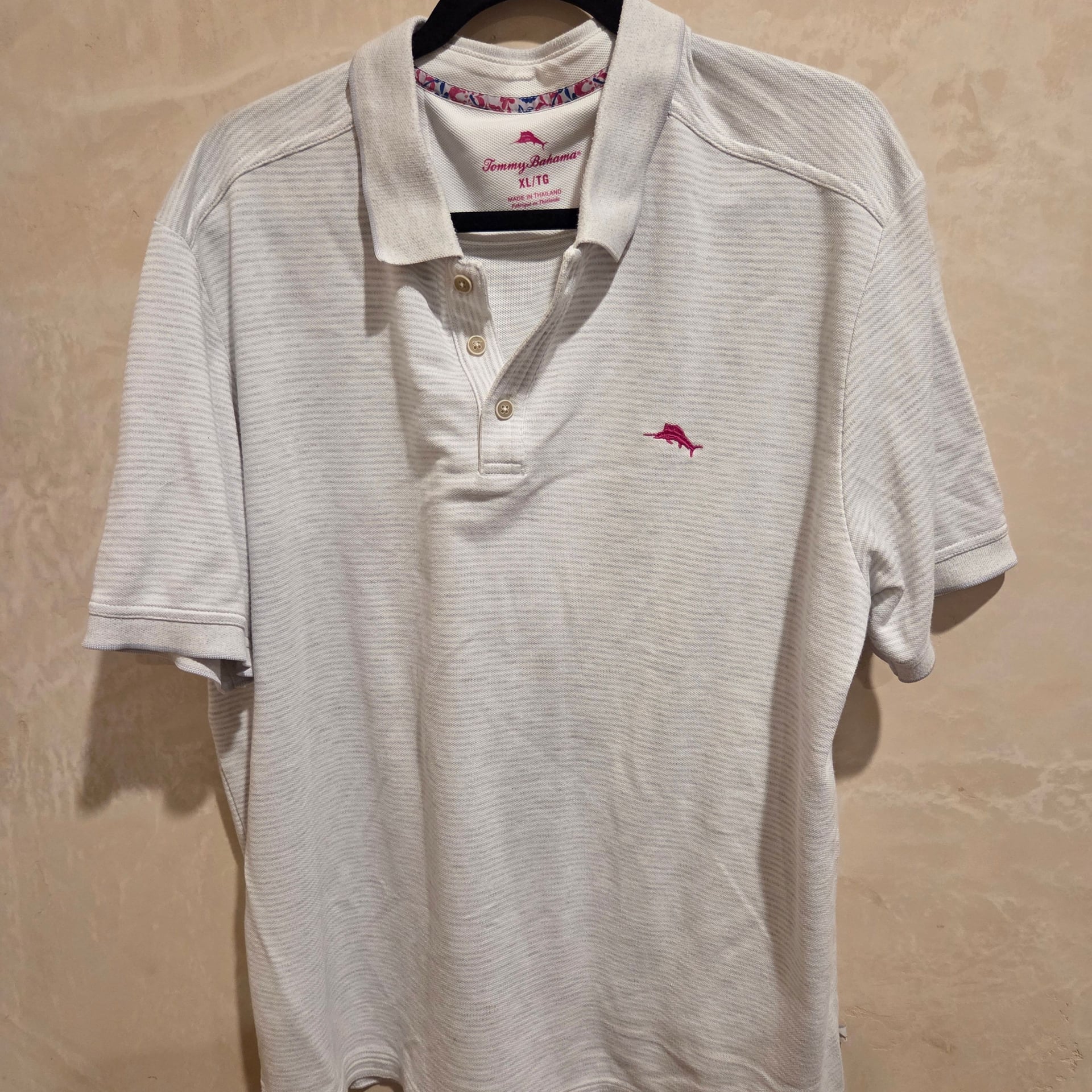 Tommy Bahama Men’s XL Polo Shirt – Pima Cotton Blend – White/Grey Stripe – Style T218036 1