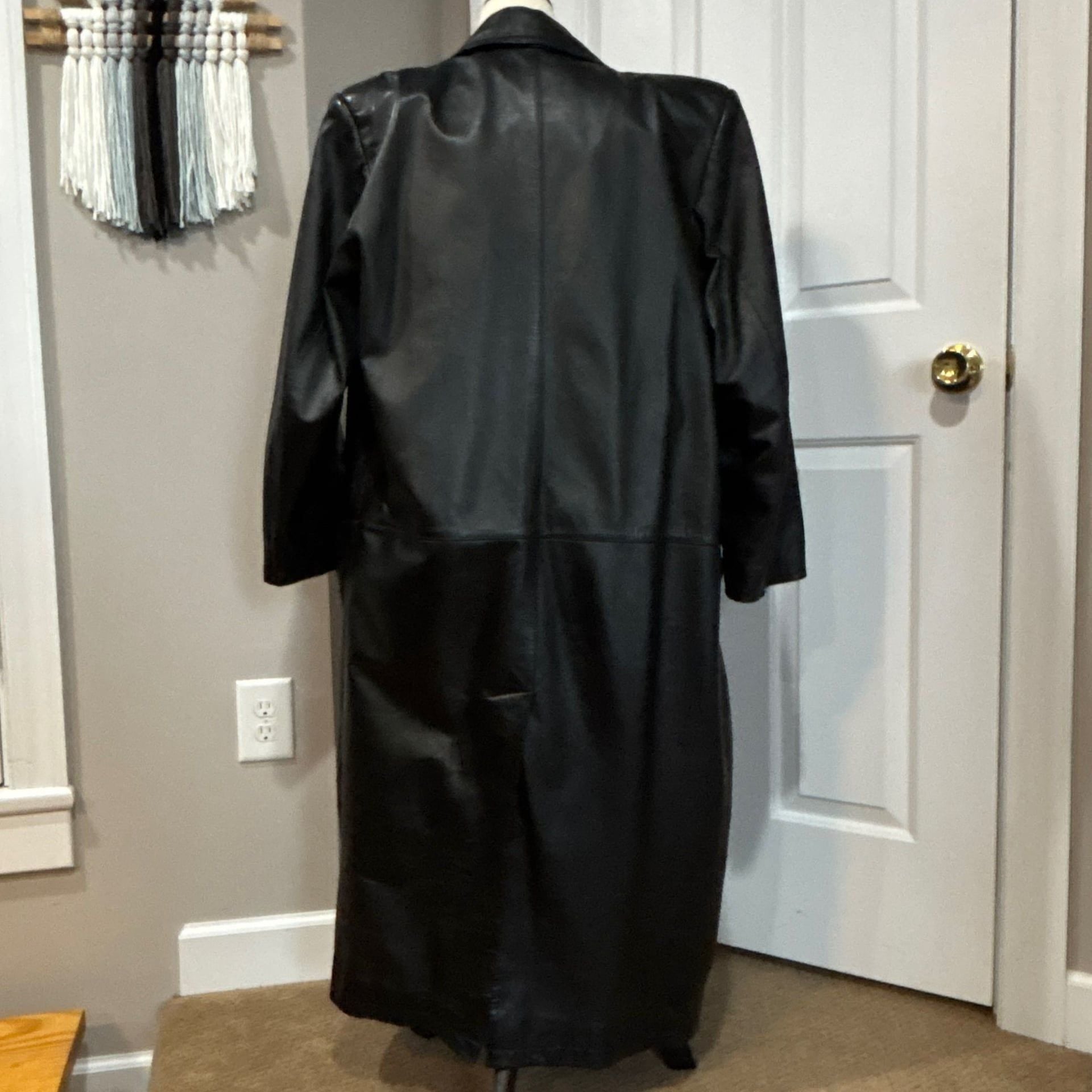 Vintage G-III 80s Black Leather Long Trench Coat Duster Jacket Size M 3