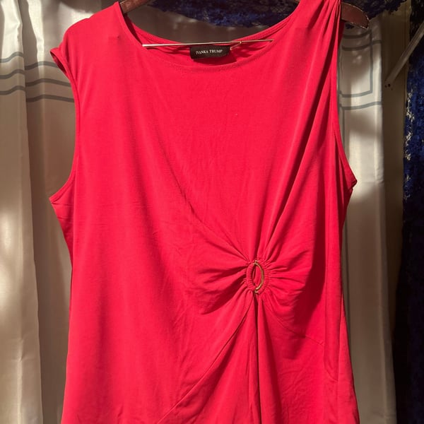 Ivanka Trump Red Sleeveless Ruched Side Twist Blouse with Gold Ring Detail