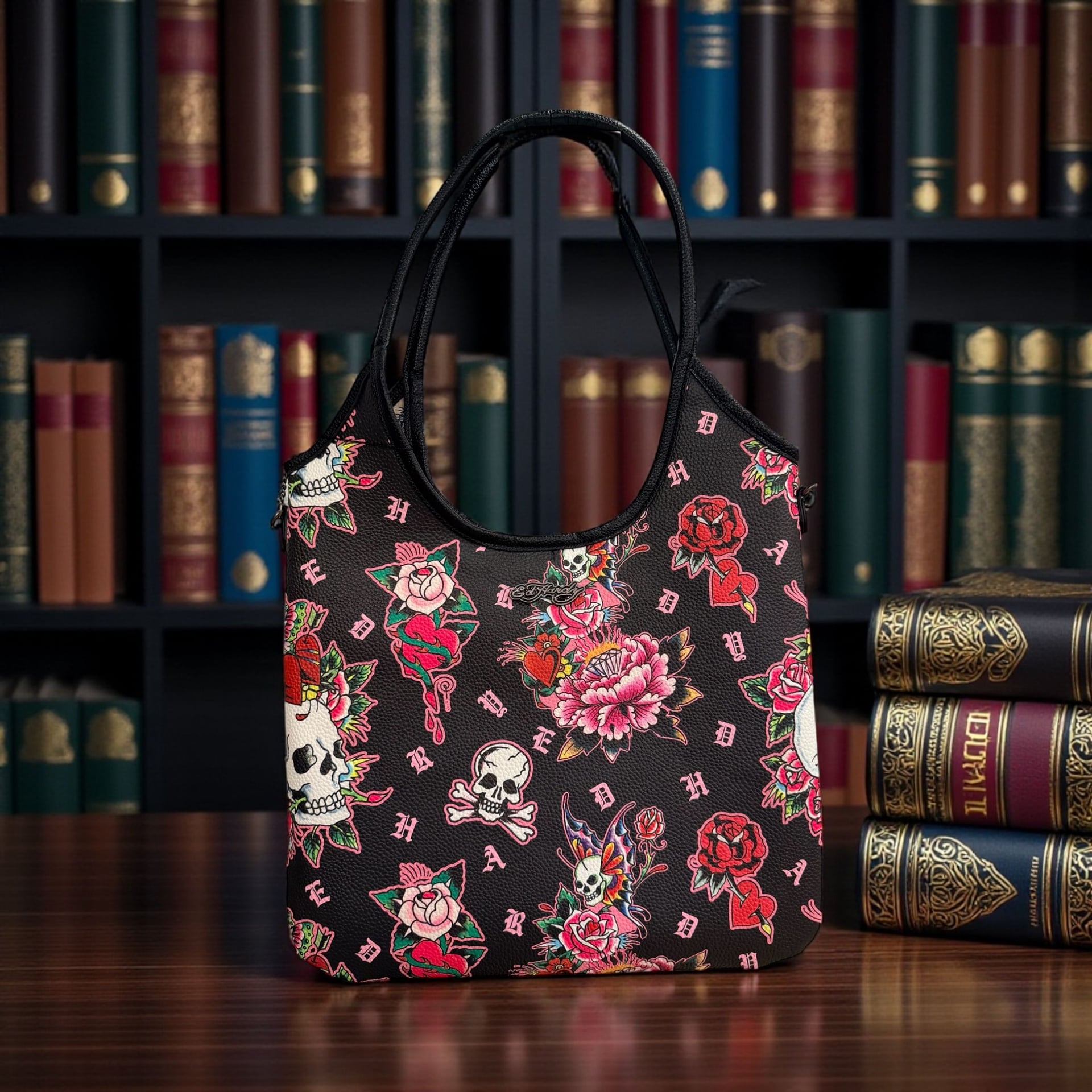 Ed Hardy Women's Black and Pink Skull and Rose Tattoo Print Tote Bag 3