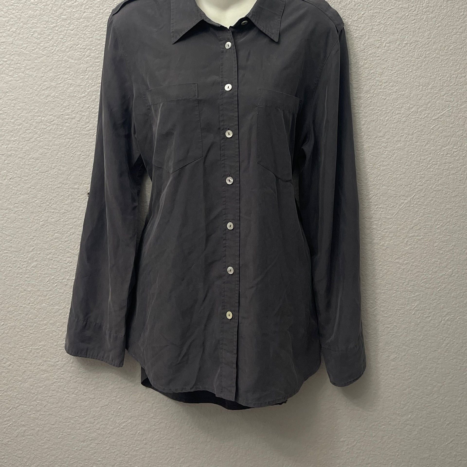 Chicos Womens Sz 2 Black Silk likeBlend Tab Sleeve LS Button Up Shirt 3