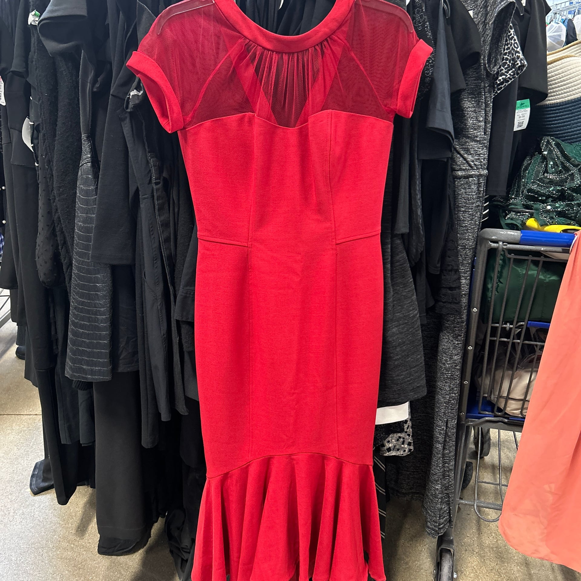 Maggy London Red Mesh Illusion Mermaid Hem Midi Cocktail Dress 1