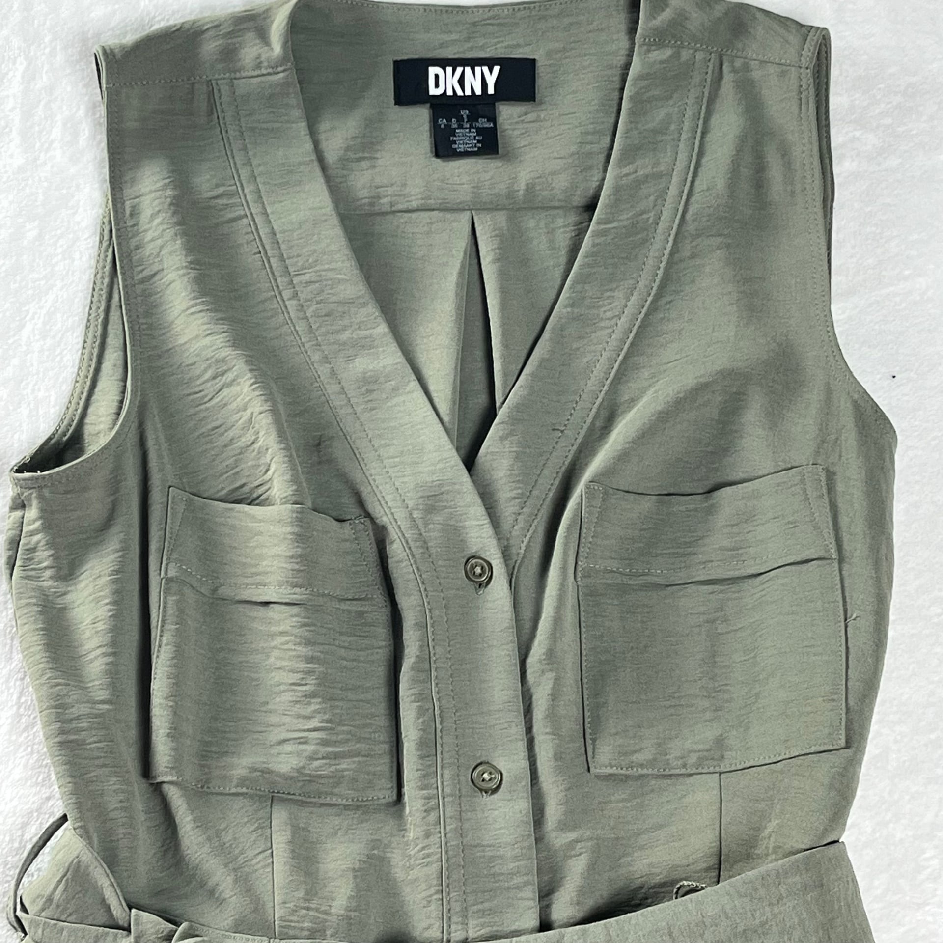 DKNY Olive Sleeveless Button Front Shirt Dress Belted Utility Pockets US 6 2