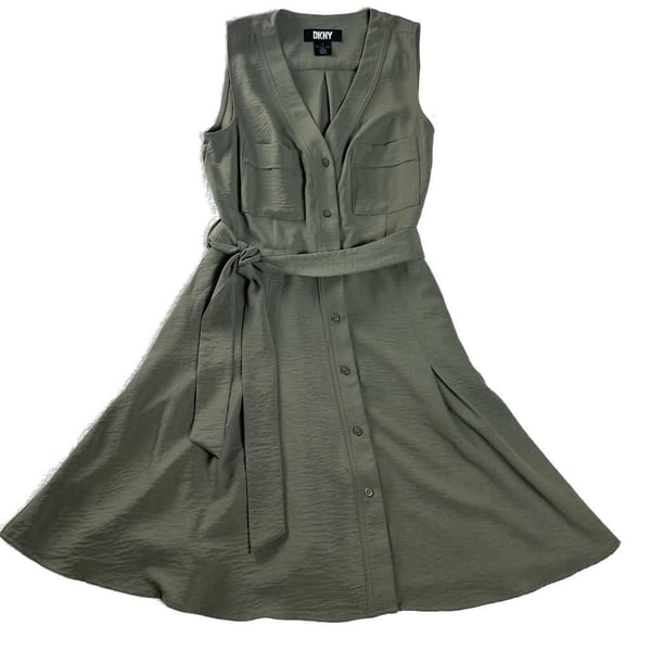 DKNY Olive Sleeveless Button Front Shirt Dress Belted Utility Pockets US 6