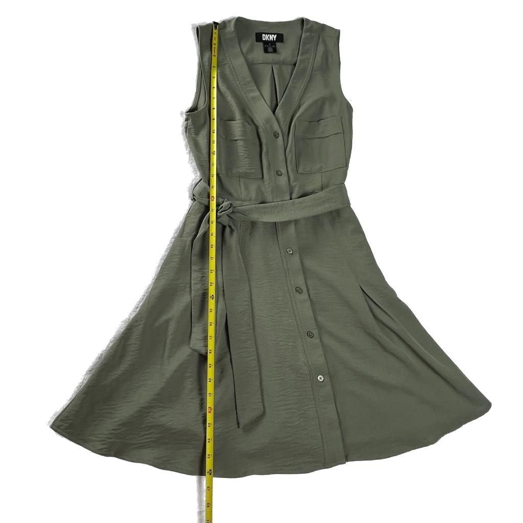 DKNY Olive Sleeveless Button Front Shirt Dress Belted Utility Pockets US 6 4