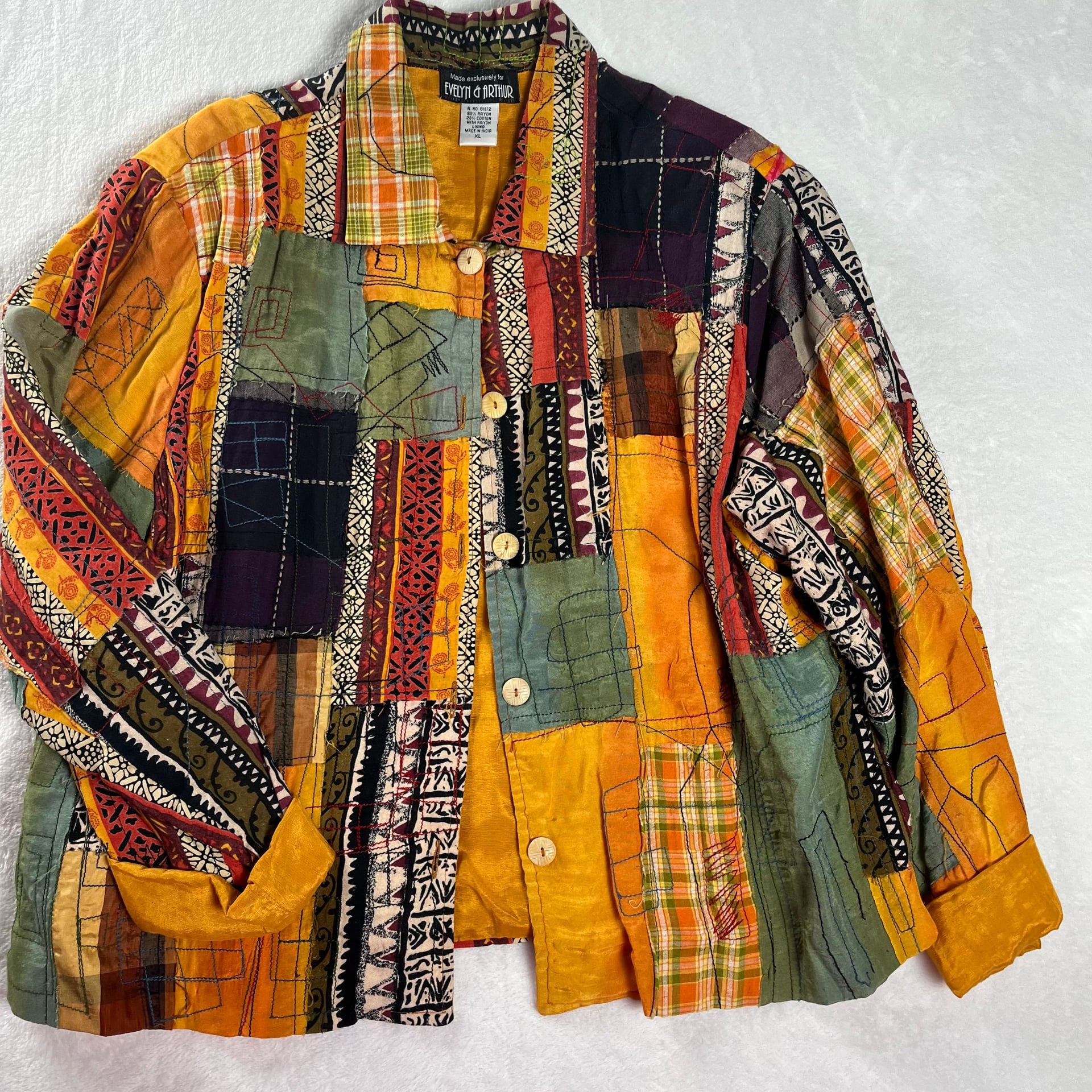 Vintage Y2K Evelyn & Arthur Patchwork Boho Festival Jacket Lined Size XL 10
