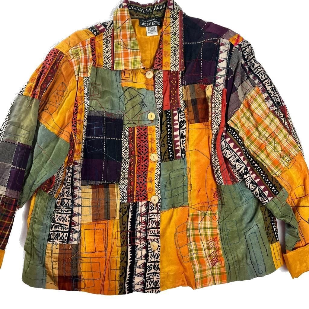 Vintage Y2K Evelyn & Arthur Patchwork Boho Festival Jacket Lined Size XL 1