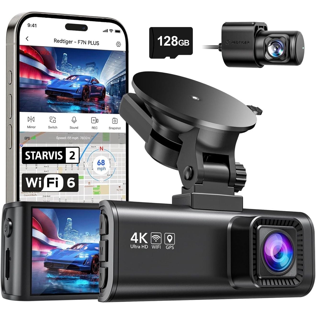 WiFi APP Dash Cam HD Camera Car Recorder DVR Night Vision Dual Dash Cam 4K+1080P 4