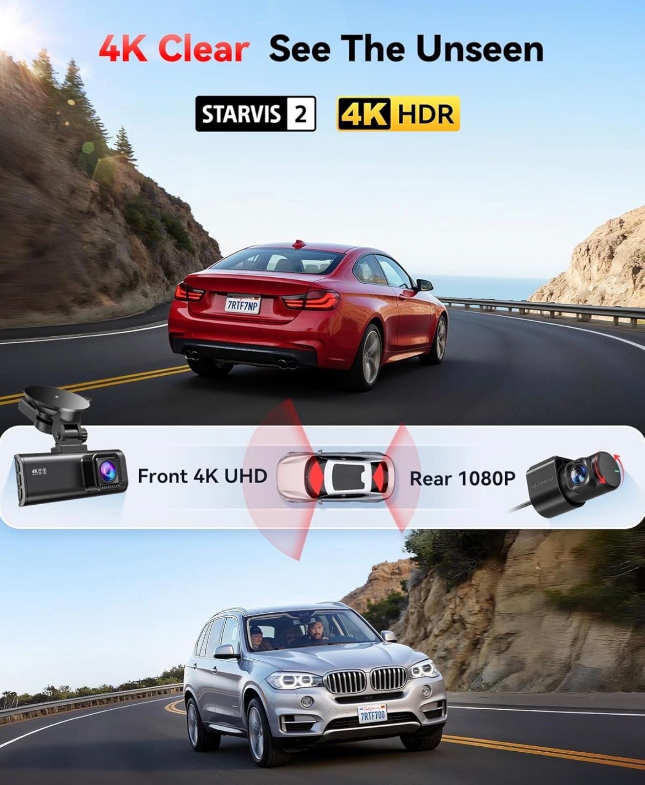 WiFi APP Dash Cam HD Camera Car Recorder DVR Night Vision Dual Dash Cam 4K+1080P 5