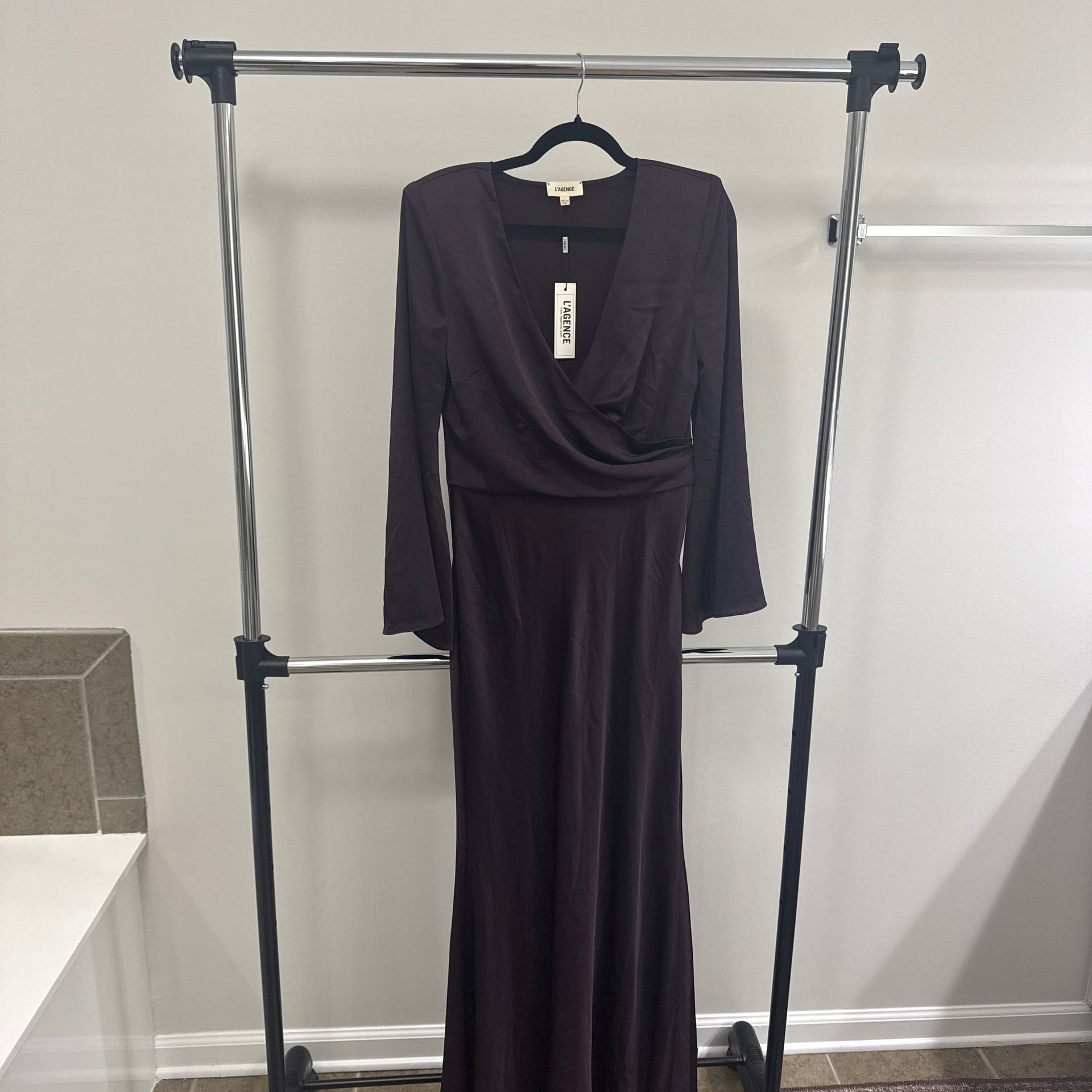 L'AGENCE Manon Surplice Satin Maxi Gown in Dark Malbec 1
