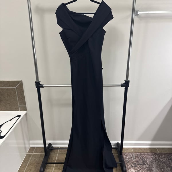 Chiara Boni La Petite Robe Benje Long Off-the-Shoulder Side-Slit Gown in Black
