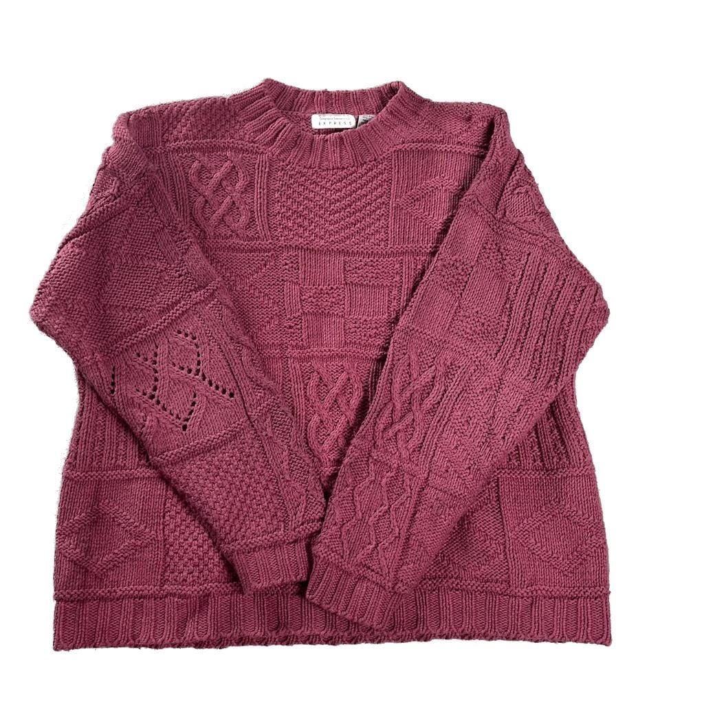 Vintage 90s Express Ramie Patchwork Cable Knit Sweater L Grandpa Academia 1