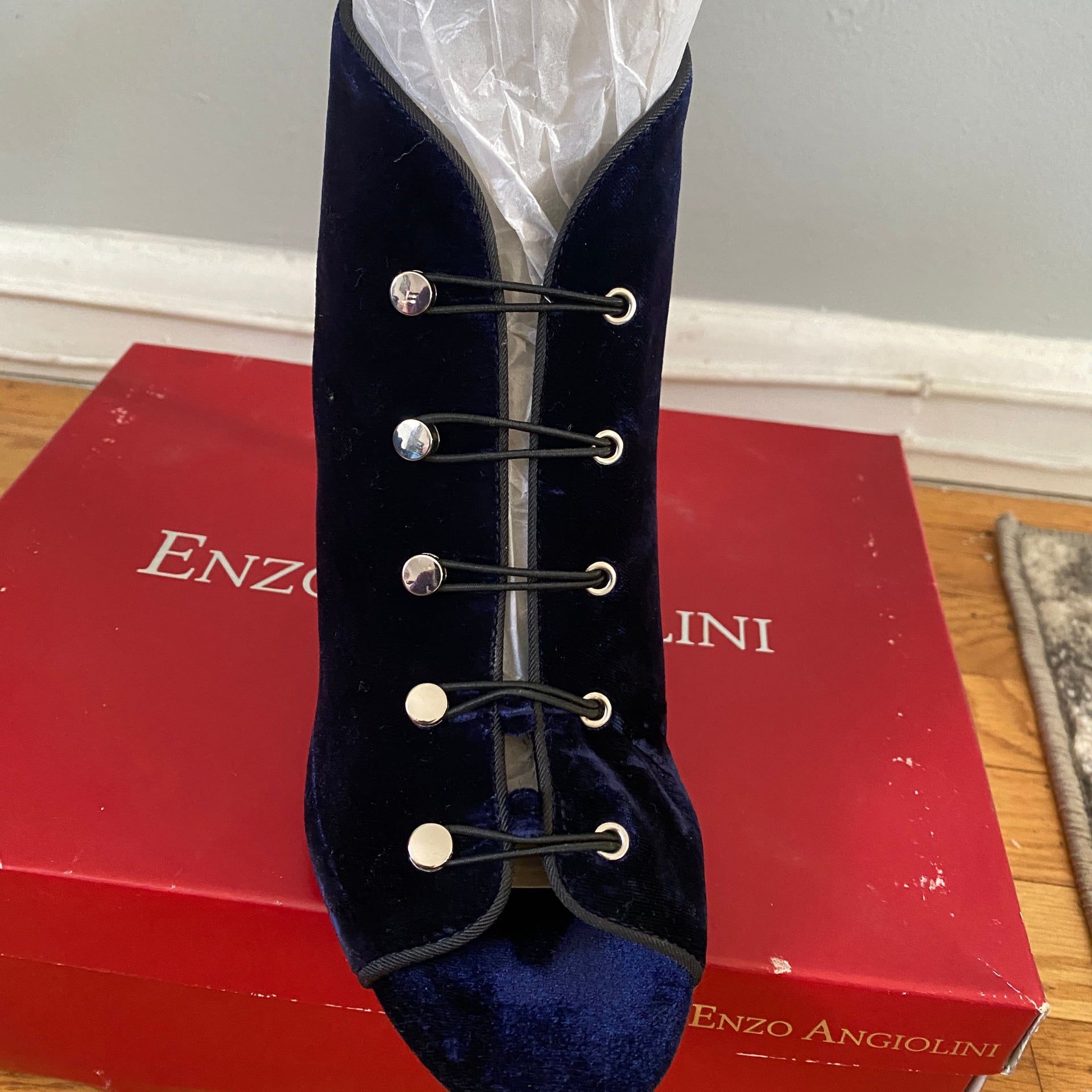 Enzo Angiolini Navy Blue Velvet Peep Toe Stiletto Ankle Booties 4