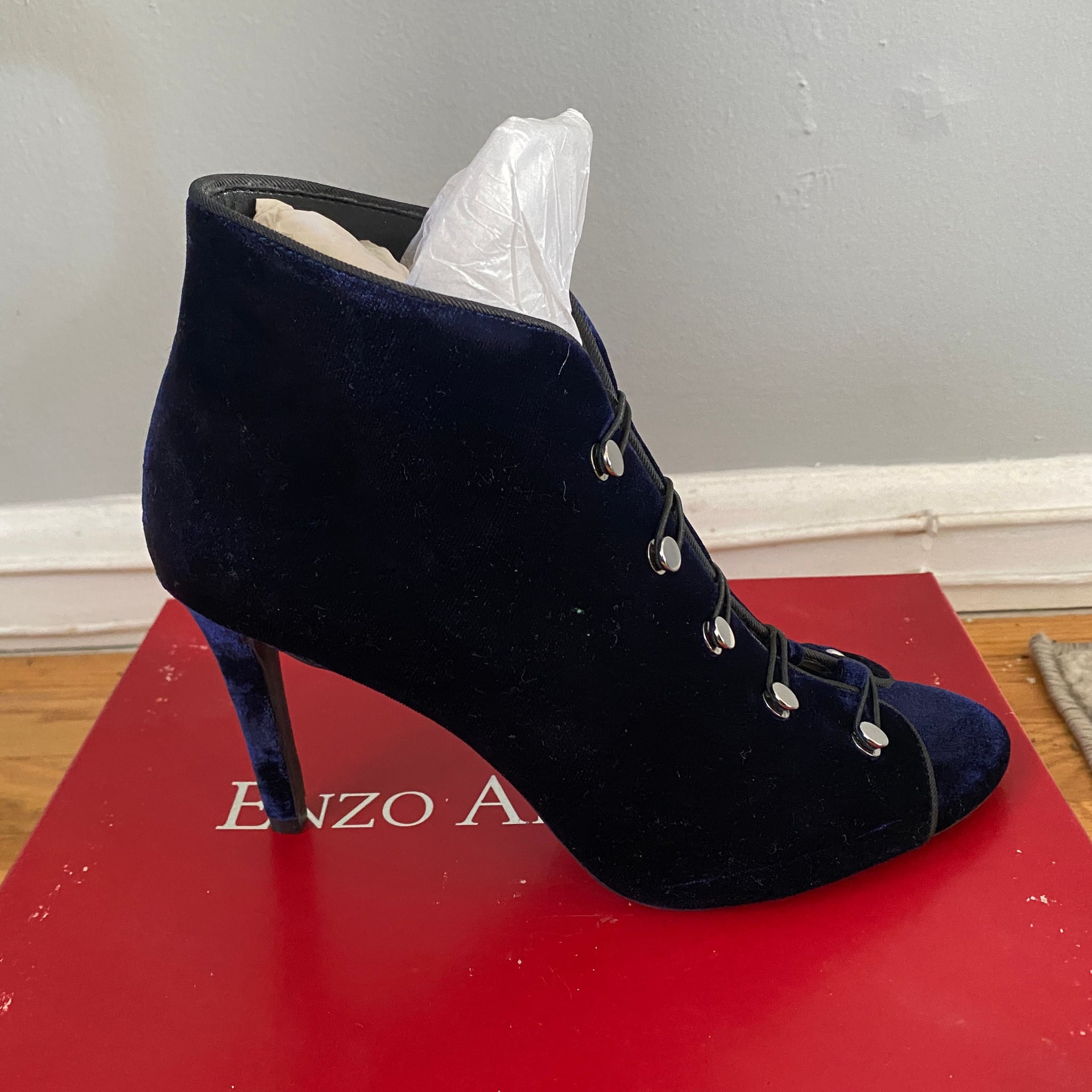 Enzo Angiolini Navy Blue Velvet Peep Toe Stiletto Ankle Booties 5