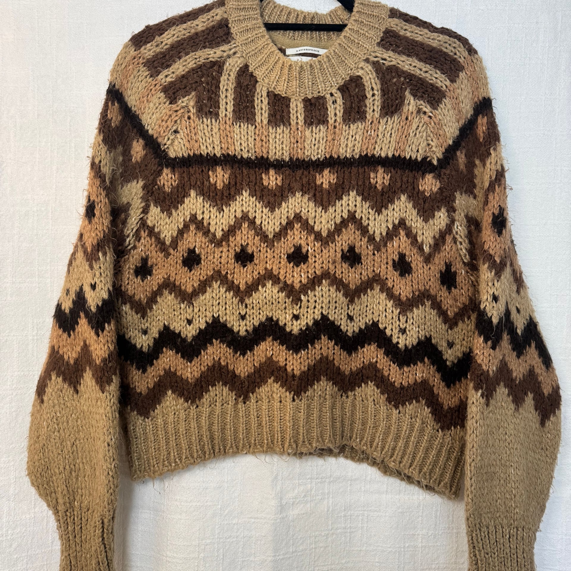 By Anthropologie Brown Geo Patterned Fair Isle Pullover Sweater 1