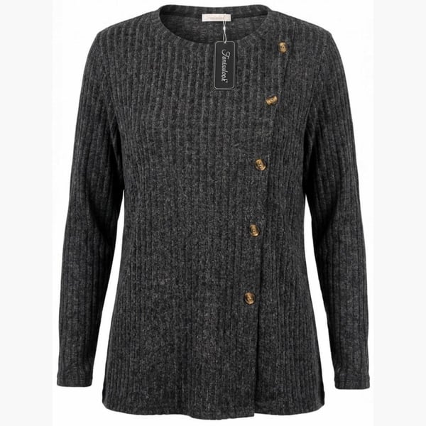 Women's Gray Ribbed Long Sleeve Button Side Tunic Top