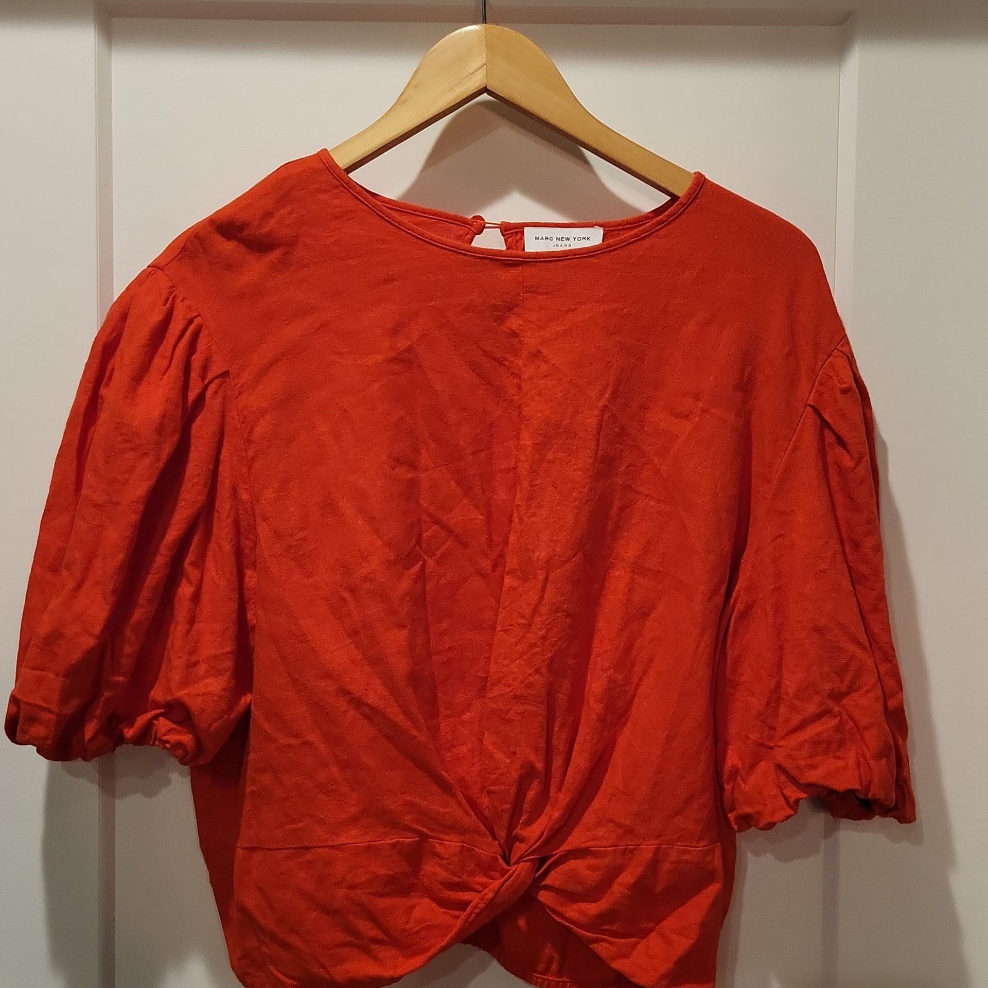 Marc New York Jeans Orange Puff Sleeve Front Knot Twist Blouse 2