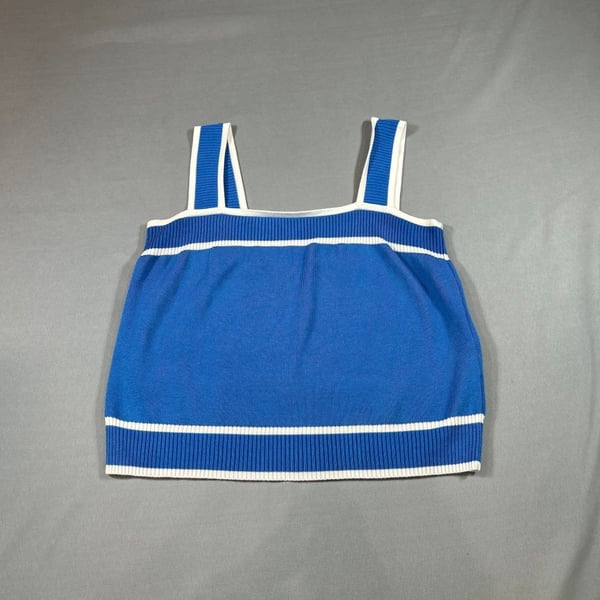 Vintage Style Blue & White Ribbed Knit Tank Top, Size L - Striped Crop Top