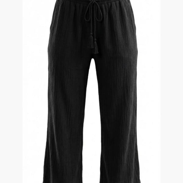 Women’s Black Wide Leg Lounge Pants Elastic Waist Drawstring Casual Flowy