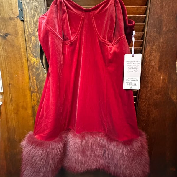 Johnny Wujek Red Velvet Faux Fur Trim Strapless Mini Dress Sz 15 Holiday Xmas NYE Homecoming Prom