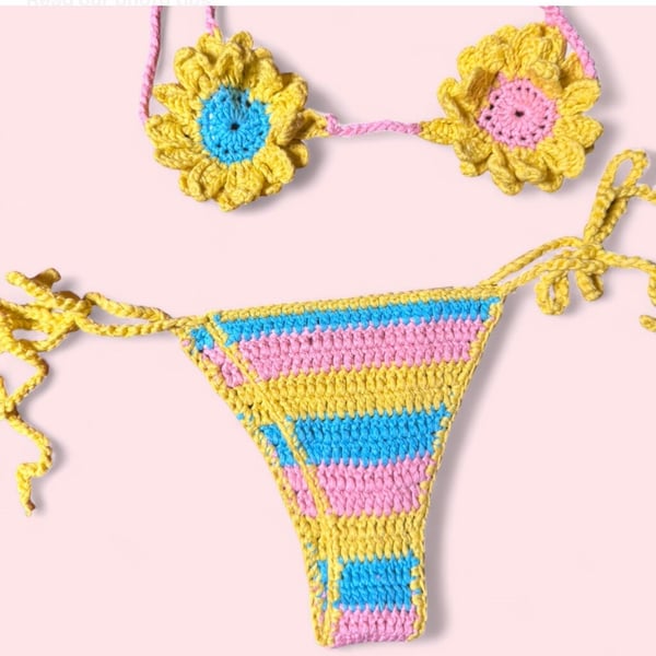 SHEIN Multicolor Crochet Floral Bikini Set Sunflower Top and Striped Thong