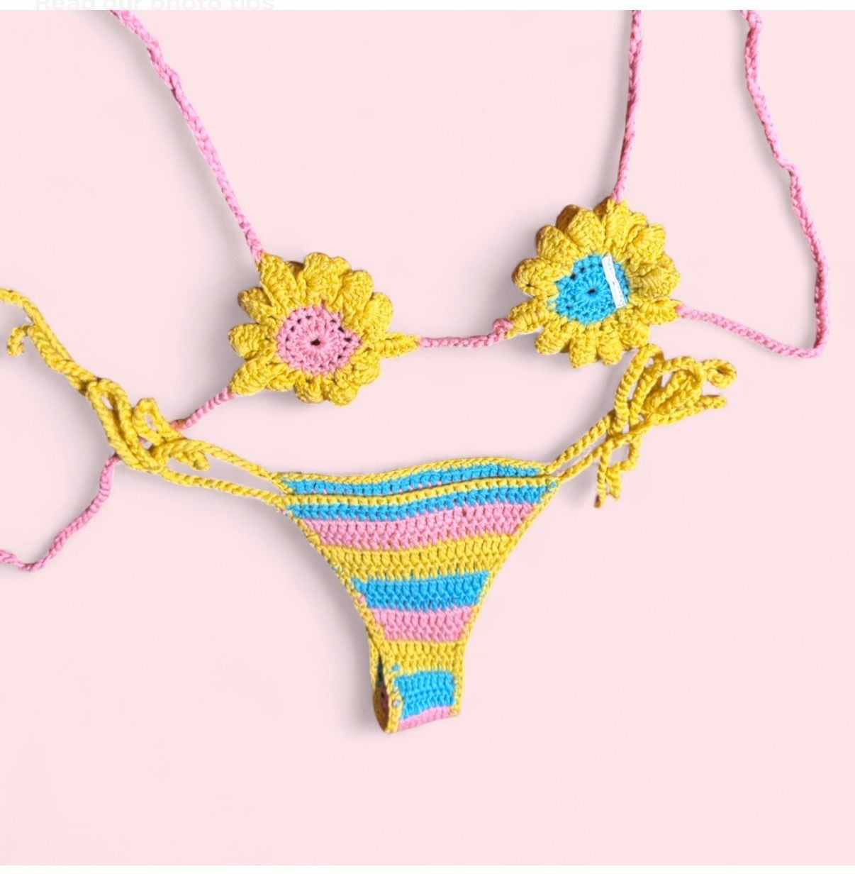 SHEIN Multicolor Crochet Floral Bikini Set Sunflower Top and Striped Thong 2