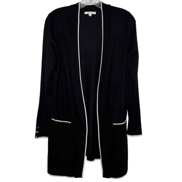 89th & Madison Black Open Front Tipped Cardigan with Button Cuffs