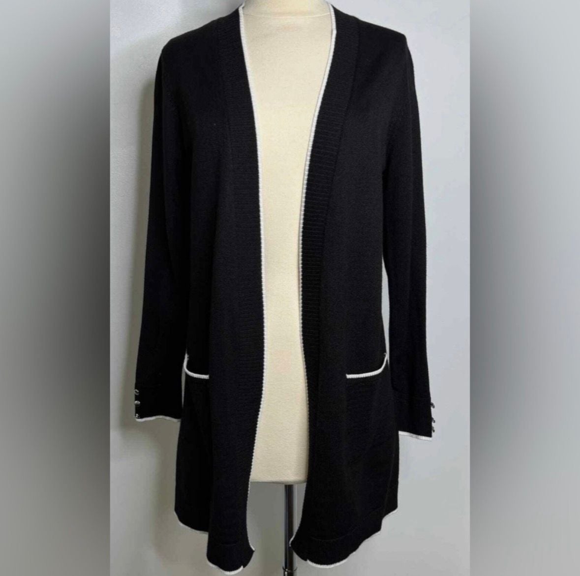 89th & Madison Black Open Front Tipped Cardigan with Button Cuffs 4