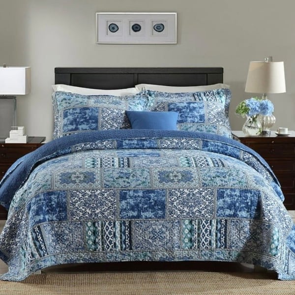 Wanna Too Blue Patchwork 3-Piece Quilt Bedding Set King